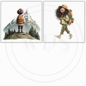 K&ouml;nnte beinhalten: Zwei Aquarellillustrationen. Die erste zeigt eine Person mit Rucksack, die einen schneebedeckten Berg betrachtet. Die zweite zeigt eine Person mit Rucksack und Hut beim Wandern. Beide vor wei&szlig;em Hintergrund.