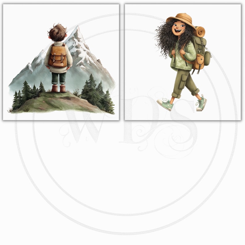 K&ouml;nnte beinhalten: Zwei Aquarellillustrationen. Die erste zeigt eine Person mit Rucksack, die einen schneebedeckten Berg betrachtet. Die zweite zeigt eine Person mit Rucksack und Hut beim Wandern. Beide vor wei&szlig;em Hintergrund.