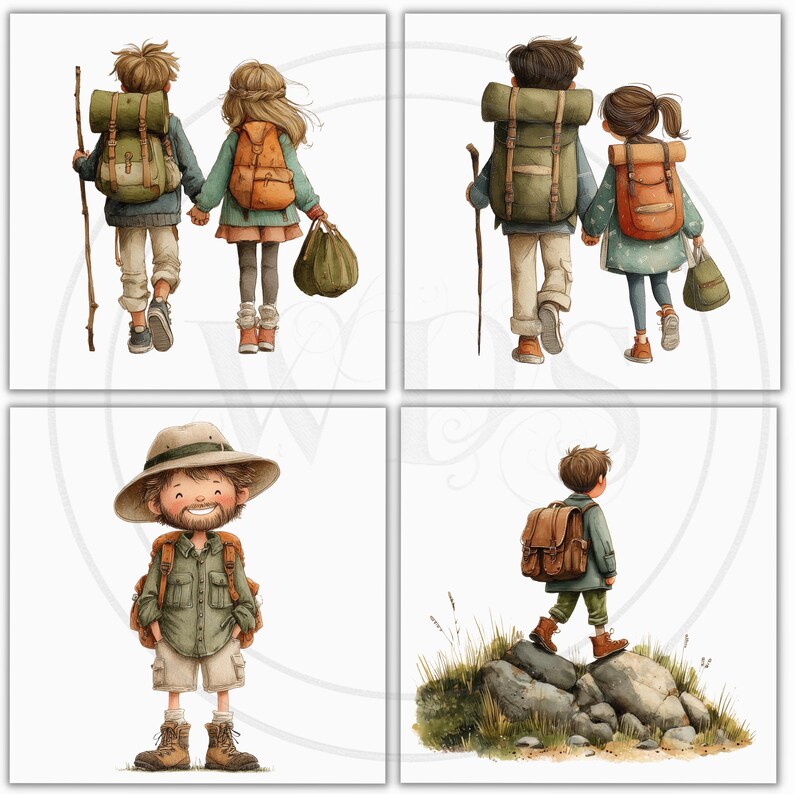K&ouml;nnte beinhalten: Aquarellillustrationen von Kindern beim Wandern. Die Bilder zeigen Kinder mit Rucks&auml;cken, Wanderst&ouml;cken und Taschen. Ein Bild zeigt einen Jungen mit Hut und Rucksack. Die Farbpalette umfasst Gr&uuml;n-, Braun- und Blaut&ouml;ne, was ein verspieltes Thema ergibt.