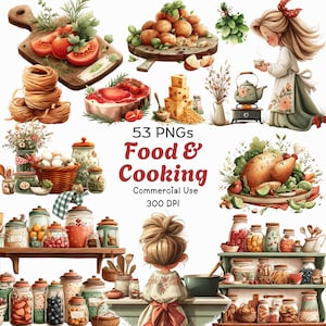 Puede incluir: Ilustración digital con elementos de comida y cocina. La imagen incluye una tabla de cortar con tomates, una bandeja de madera con patatas y un pollo asado. El texto dice "53 PNGs Food & Cooking Commercial Use 300 DPI."