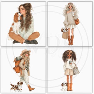 May include: Four square illustrations featuring stylish women with dogs. One woman sits with a Cavalier King Charles Spaniel. Another holds a coffee cup and a shopping bag with a dog. A third woman hikes with a backpack and a dog. The last woman holds a coffee cup with a dog.