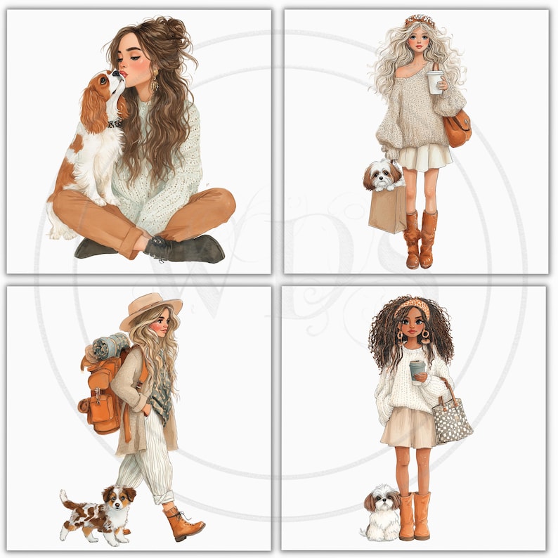 May include: Four square illustrations featuring stylish women with dogs. One woman sits with a Cavalier King Charles Spaniel. Another holds a coffee cup and a shopping bag with a dog. A third woman hikes with a backpack and a dog. The last woman holds a coffee cup with a dog.