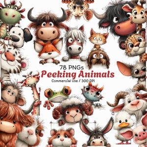 May include: A collection of 78 PNG images of cartoon animals, including a fox, dog, and frog. The text "Peeking Animals" is displayed in red, with "Commercial Use / 300 DPI" below it.