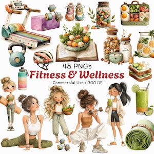 以下が含まれることがあります： フィットネスとウェルネスをテーマにした水彩イラスト。トレッドミル、ダンベル、ケトルベル、ヘルメット、ウォーターボトル、さまざまな健康食品が含まれています。「Fitness & Wellness」のテキストが表示されています。
