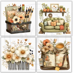 K&ouml;nnte beinhalten: Vier quadratische Aquarellillustrationen von Wohnaccessoires und Schreibwaren. Enth&auml;lt einen Drahtkorb mit Bleistiften und einem Notizblock, ein gr&uuml;nes Sofa mit Kissen, einen floralen Haarkamm und ein Tablett mit einer Tasse Tee und einem Buch.
