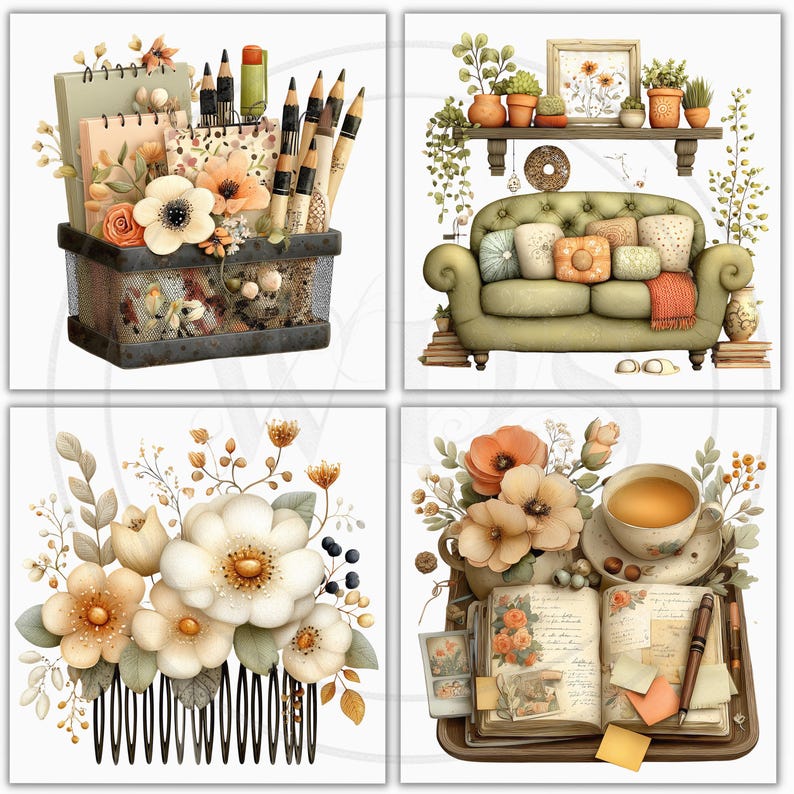 K&ouml;nnte beinhalten: Vier quadratische Aquarellillustrationen von Wohnaccessoires und Schreibwaren. Enth&auml;lt einen Drahtkorb mit Bleistiften und einem Notizblock, ein gr&uuml;nes Sofa mit Kissen, einen floralen Haarkamm und ein Tablett mit einer Tasse Tee und einem Buch.