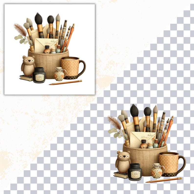 K&ouml;nnte beinhalten: Eine Illustration eines K&uuml;nstlerarbeitsplatzes. Ein Weidenkorb enth&auml;lt Pinsel, Stifte und Federn. Eine Tasse mit Polka Dots, eine kleine B&auml;renfigur, Tintenf&auml;sser und ein Bleistift vervollst&auml;ndigen die Szene. Die Farbpalette ist warm und einladend.