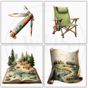K&ouml;nnte beinhalten: Aquarellillustrationen von Campingausr&uuml;stung und -szenen. Enth&auml;lt ein Taschenmesser, einen gr&uuml;nen Klappstuhl, ein Pop-up-Buch mit einer Campingplatzszene und eine aufgerollte Karte eines Campingplatzes.