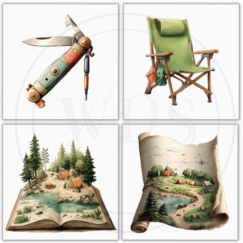 K&ouml;nnte beinhalten: Aquarellillustrationen von Campingausr&uuml;stung und -szenen. Enth&auml;lt ein Taschenmesser, einen gr&uuml;nen Klappstuhl, ein Pop-up-Buch mit einer Campingplatzszene und eine aufgerollte Karte eines Campingplatzes.