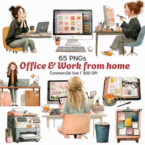 May include: Watercolor illustration featuring scenes of office and work-from-home setups. The image includes computers, desks, and people working. Text reads "65 PNGs Office & Work from home Commercial Use / 300 DPI."