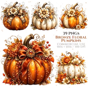 Könnte beinhalten: Eine Sammlung digitaler Illustrationen mit Kürbissen, die mit bronzefarbenen, orangen und weißen Blumen, Schleifen und Beeren verziert sind. Der Text lautet 39 PNGS BRONZE FLORAL PUMPKINS COMMERCIAL USE 5016 x 5016 / 300 DPI.
