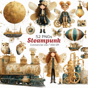 May include: A collection of steampunk-themed digital art elements. The image features illustrations of dolls, a train, an airship, an owl, and gears. The color palette includes gold, teal, and brown tones. The text "52 PNGs Steampunk" is displayed.