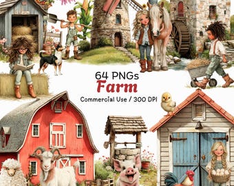 Whimsical Farm Clipart: Watercolor Graphics (Digital Download – 64 PNGs)