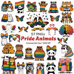 Puede incluir: Una colección de 57 ilustraciones digitales en formato PNG que muestran varios animales, incluyendo pandas, búhos, cisnes, delfines y unicornios, decorados con colores arcoíris. El texto dice Pride Animals, 57 PNGs y Commercial Use / 300 DPI.
