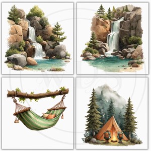 K&ouml;nnte beinhalten: Vier Aquarellillustrationen von Szenen im Freien. Zwei zeigen Wasserf&auml;lle, die in t&uuml;rkisfarbene Becken st&uuml;rzen, umgeben von Felsen und Gr&uuml;n. Eine zeigt eine gr&uuml;n-wei&szlig; gestreifte H&auml;ngematte mit Kissen. Die letzte zeigt ein Zelt mit zwei Wanderern und einem Berg im Hintergrund.