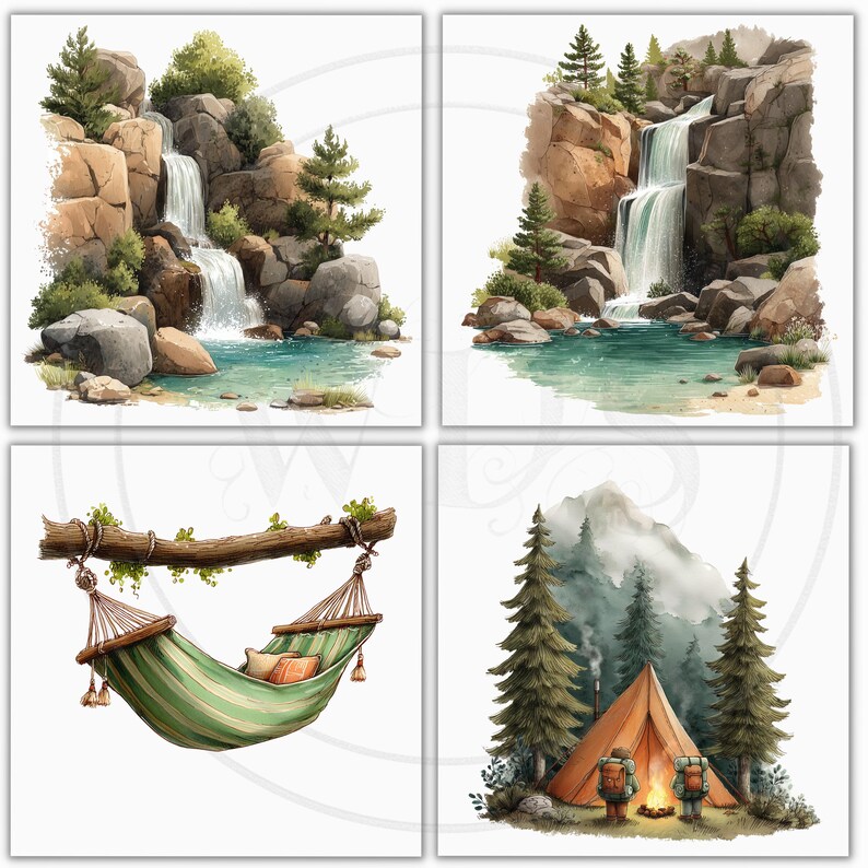 K&ouml;nnte beinhalten: Vier Aquarellillustrationen von Szenen im Freien. Zwei zeigen Wasserf&auml;lle, die in t&uuml;rkisfarbene Becken st&uuml;rzen, umgeben von Felsen und Gr&uuml;n. Eine zeigt eine gr&uuml;n-wei&szlig; gestreifte H&auml;ngematte mit Kissen. Die letzte zeigt ein Zelt mit zwei Wanderern und einem Berg im Hintergrund.