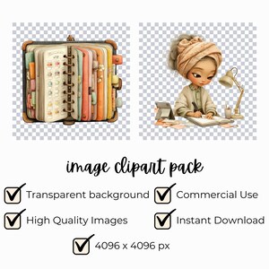 K&ouml;nnte beinhalten: Clipart-Paket mit einem Planer und einer schreibenden Person. Der Planer ist ge&ouml;ffnet und zeigt Seiten mit Kalenderlayout und farbigen Registerkarten. Die Person sitzt an einem Schreibtisch und schreibt in ein Notizbuch. Text beinhaltet "Transparent background", "Commercial Use", "High Quality Images", "Instant Download", und "4096 x 4096 px".