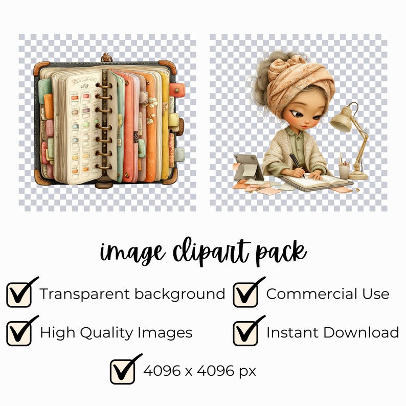 K&ouml;nnte beinhalten: Clipart-Paket mit einem Planer und einer schreibenden Person. Der Planer ist ge&ouml;ffnet und zeigt Seiten mit Kalenderlayout und farbigen Registerkarten. Die Person sitzt an einem Schreibtisch und schreibt in ein Notizbuch. Text beinhaltet "Transparent background", "Commercial Use", "High Quality Images", "Instant Download", und "4096 x 4096 px".