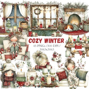 Grillige gezellige winter aquarel clipart: feestelijke vakantie graphics (digitale download – 45 png’s, 300 dpi)