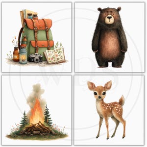 K&ouml;nnte beinhalten: Vier quadratische Bilder mit Camping-Motiv. Eines zeigt einen gr&uuml;nen und orangefarbenen Rucksack mit B&uuml;chern, einer Kamera und einer Laterne. Ein anderes zeigt einen Braunb&auml;ren. Ein Lagerfeuer mit B&auml;umen ist im dritten Bild, und ein Rehkitz ist im letzten.