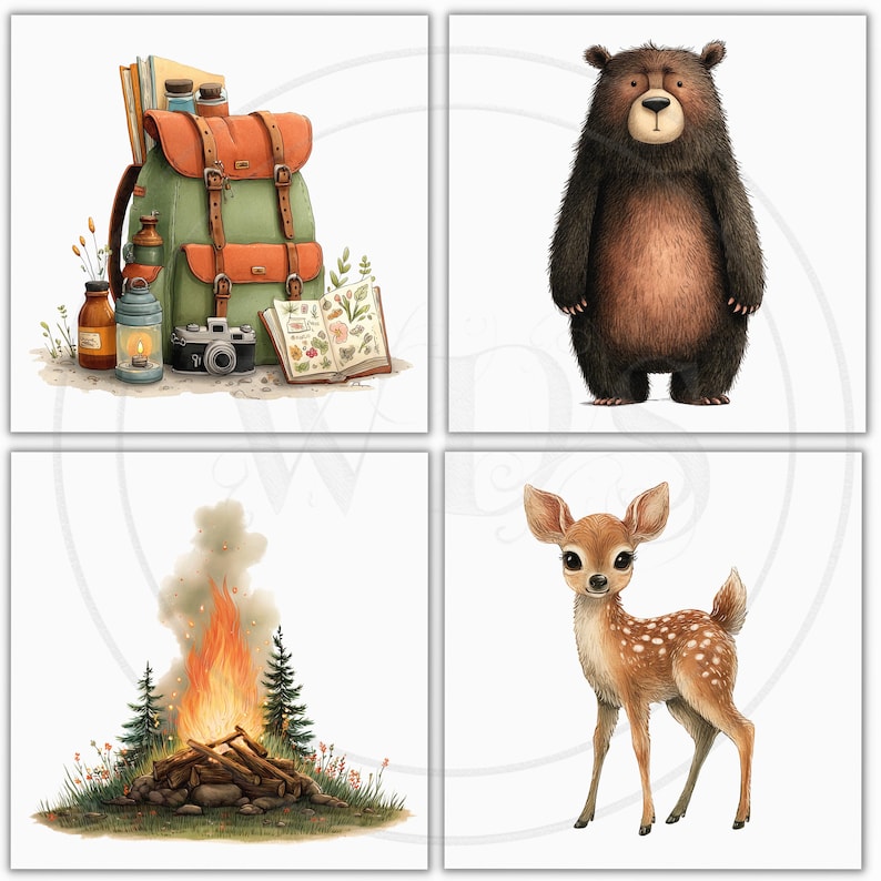 K&ouml;nnte beinhalten: Vier quadratische Bilder mit Camping-Motiv. Eines zeigt einen gr&uuml;nen und orangefarbenen Rucksack mit B&uuml;chern, einer Kamera und einer Laterne. Ein anderes zeigt einen Braunb&auml;ren. Ein Lagerfeuer mit B&auml;umen ist im dritten Bild, und ein Rehkitz ist im letzten.
