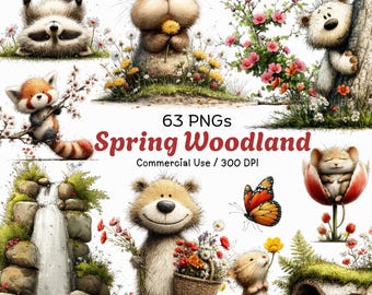 Watercolor Woodland Animals Clipart: Whimsical Spring Forest Graphics (Digital Download, 63 PNGs)
