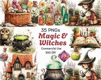 Watercolor Witch Clipart: Whimsical Magic PNG Graphics (Digital Download, 300 DPI)