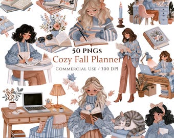 Könnte beinhalten: Eine digitale Sammlung von 50 PNG-Dateien mit dem Titel Cozy Fall Planner, die Illustrationen von Menschen beim Lesen, Schreiben und Arbeiten an Schreibtischen sowie Bücher, Tassen, Pflanzen, eine Katze und Herbstblätter in sanften Farben zeigt.