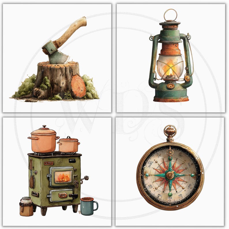 K&ouml;nnte beinhalten: Aquarellillustrationen von Camping- und Outdoor-Abenteuerartikeln. Enth&auml;lt eine Axt auf einem Baumstumpf, eine gr&uuml;n-orangefarbene Laterne, einen Ofen mit T&ouml;pfen und einen Kompass mit rotem und gr&uuml;nem Design.