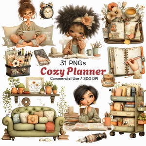 K&ouml;nnte beinhalten: Digitale Illustration mit dem Thema eines gem&uuml;tlichen Planers. Das Bild zeigt Puppen, Notizb&uuml;cher, Stifte, ein Sofa und den Text "Cozy Planner". Es ist mit "31 PNGs" und "Commercial Use / 300 DPI" beschriftet.