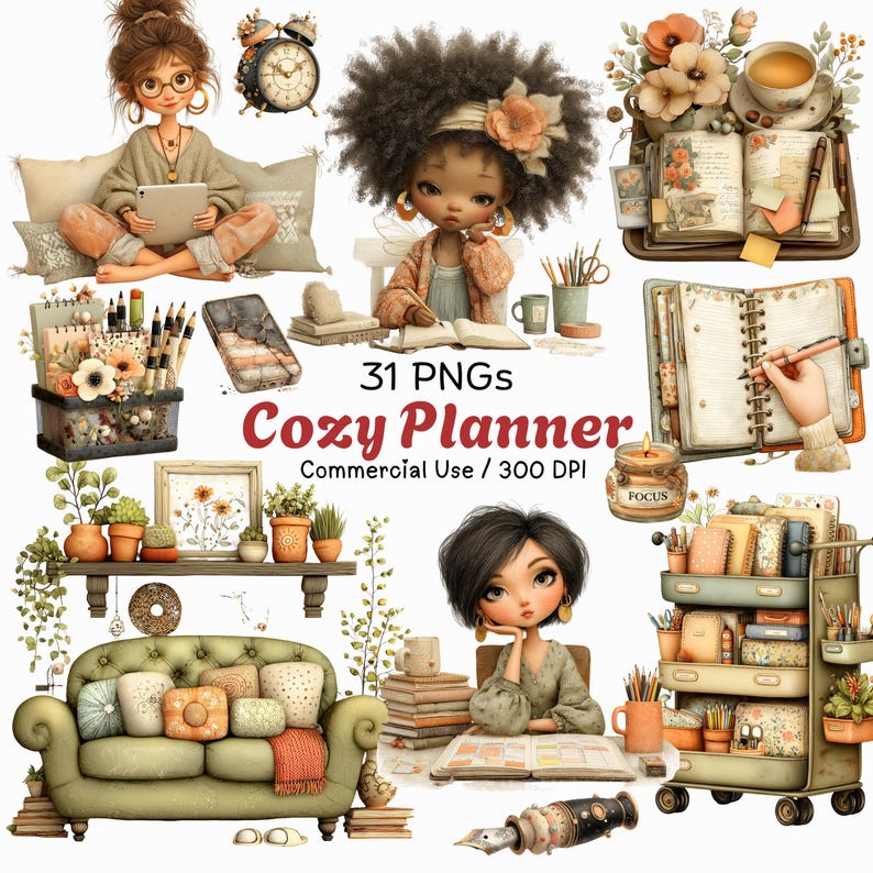 K&ouml;nnte beinhalten: Digitale Illustration mit dem Thema eines gem&uuml;tlichen Planers. Das Bild zeigt Puppen, Notizb&uuml;cher, Stifte, ein Sofa und den Text "Cozy Planner". Es ist mit "31 PNGs" und "Commercial Use / 300 DPI" beschriftet.