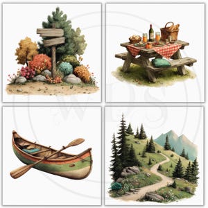 K&ouml;nnte beinhalten: Aquarellillustrationen von Szenen im Freien. Enth&auml;lt einen h&ouml;lzernen Wegweiser in einer Waldlandschaft, einen Picknicktisch mit Speisen und Getr&auml;nken, ein Kanu mit Rudern und einen Bergpfad mit B&auml;umen.