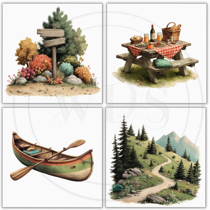 K&ouml;nnte beinhalten: Aquarellillustrationen von Szenen im Freien. Enth&auml;lt einen h&ouml;lzernen Wegweiser in einer Waldlandschaft, einen Picknicktisch mit Speisen und Getr&auml;nken, ein Kanu mit Rudern und einen Bergpfad mit B&auml;umen.