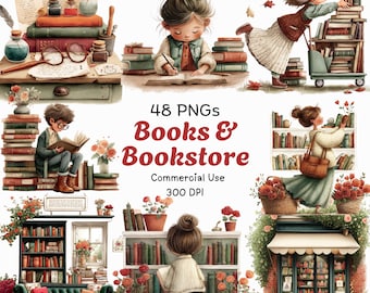 Books & Bookstores Clipart: Cute Whimsical Graphics (Digital Download – 48 PNGs)