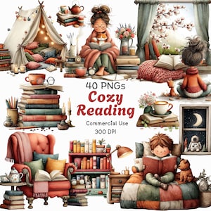 May include: A digital illustration featuring a cozy reading theme. The image includes stacks of books, a tent, a person reading, and the text "Cozy Reading". The color palette includes warm tones of red, orange, and brown.
