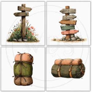 K&ouml;nnte beinhalten: Vier Aquarell-Illustrationen. Oben links: Holzwegweiser mit zwei Richtungspfeilen, umgeben von Blumen und Gras. Oben rechts: Holzwegweiser mit mehreren Richtungspfeilen in verschiedenen Farben. Unten links: Gestapelte Campingausr&uuml;stung. Unten rechts: Gerollter Schlafsack.