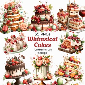 Op de afbeelding: Een verzameling grillige taarten, elk versierd met verse bessen, bloemen en chocolade. De afbeelding bevat gelaagde taarten, plakjes en individuele desserts, allemaal prachtig versierd. Tekst op de afbeelding luidt "35 PNGs Whimsical Cakes Commercial Use 300 DPI."