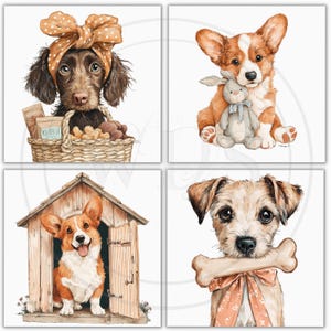 May include: Four square watercolor illustrations of dogs. One dog wears a polka dot headband and holds a basket. Another dog sits with a stuffed bunny. A third dog is in a doghouse. The last dog has a bone and bow.