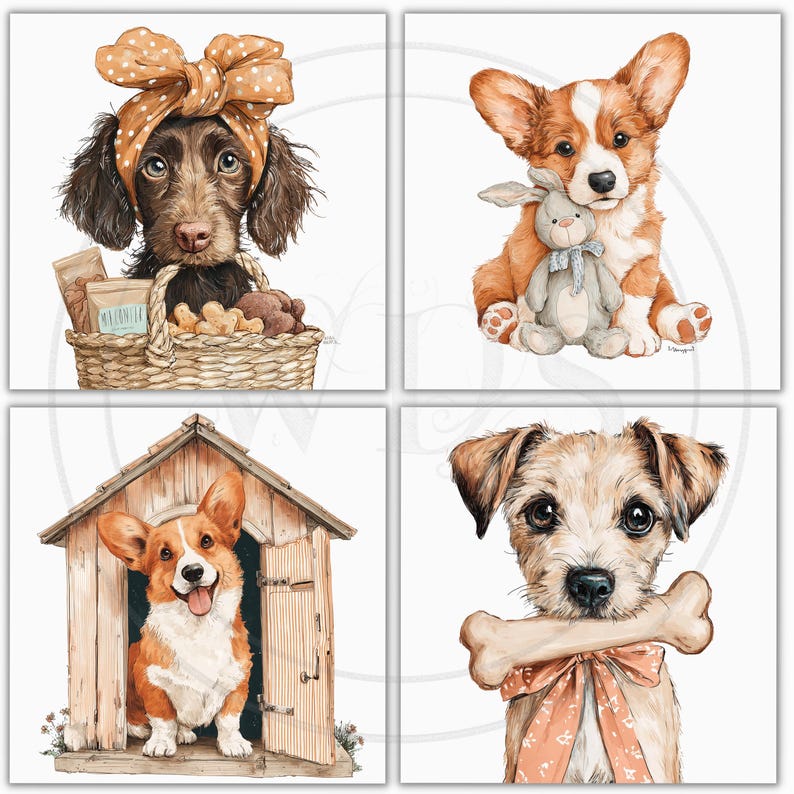 May include: Four square watercolor illustrations of dogs. One dog wears a polka dot headband and holds a basket. Another dog sits with a stuffed bunny. A third dog is in a doghouse. The last dog has a bone and bow.