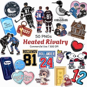 May include: A collection of 50 PNG images with a hockey theme. Includes hockey players, Snoopy characters, a loon, hearts, and text such as "Heated Rivalry" and "We didn't even kiss". The images are for commercial use.