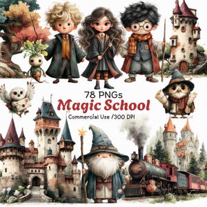 Puede incluir: Ilustración digital con tres niños de dibujos animados con atuendo de mago, un mago, un búho y un tren. La imagen incluye castillos y el texto "78 PNGs Magic School Commercial Use /300 DPI".