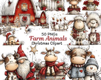 Farm Animals Christmas Clipart: Festive Holiday Graphics (Digital Download - 50 PNGs)
