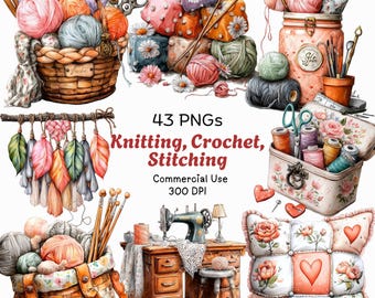 Könnte beinhalten: Aquarell-Illustration mit verschiedenen Bastelmaterialien. Enthält Wollknäuel, Stricknadeln, Scheren und eine Nähmaschine. Der Text lautet: "43 PNGs Knitting, Crochet, Stitching Commercial Use 300 DPI."