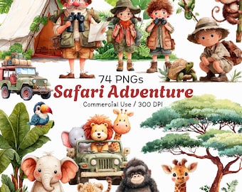 Aquarell Safari Clipart: Dschungeltiere & Kinder skurrile Grafiken (Digitaler Download, 300 DPI)