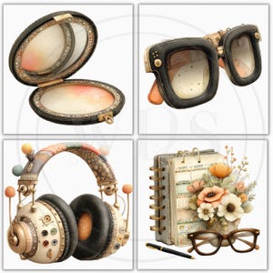 K&ouml;nnte beinhalten: Eine Sammlung von vier Illustrationen mit Accessoires im Vintage-Stil. Enth&auml;lt einen schwarzen Kompaktspiegel, quadratische Sonnenbrillen, Steampunk-Kopfh&ouml;rer und ein Notizbuch mit Blumen und Brille.