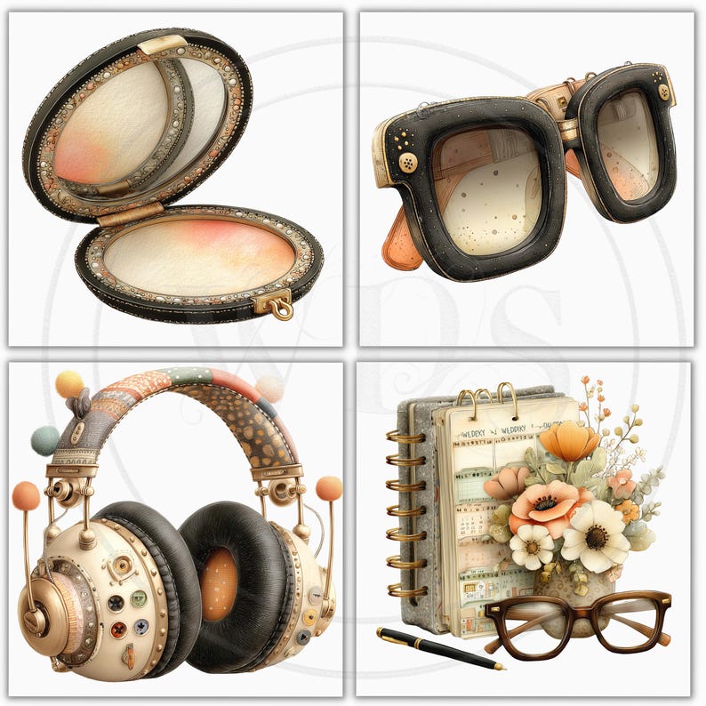 K&ouml;nnte beinhalten: Eine Sammlung von vier Illustrationen mit Accessoires im Vintage-Stil. Enth&auml;lt einen schwarzen Kompaktspiegel, quadratische Sonnenbrillen, Steampunk-Kopfh&ouml;rer und ein Notizbuch mit Blumen und Brille.
