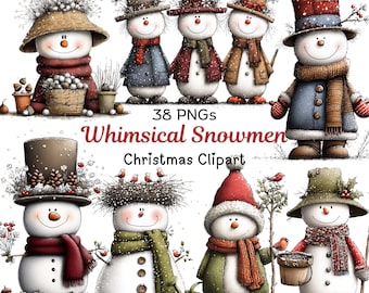 Whimsical Snowmen Clipart: Adorable Snowmen Graphics Bundle (Instant Download - 38 PNGs)