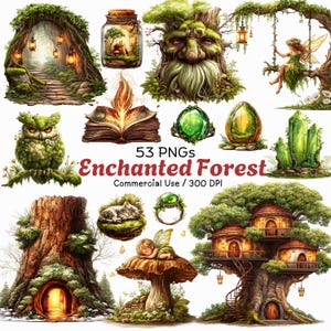Paquete de imágenes prediseñadas del Bosque Encantado: Gráficos de cuentos de hadas mágicos (descarga digital - 53 PNG, 300 DPI)