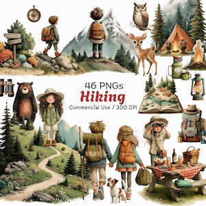 K&ouml;nnte beinhalten: Eine digitale Illustration mit Wandermotiven. Das Bild zeigt Kinder mit Rucks&auml;cken, einen B&auml;ren, eine Eule, ein Reh, ein Zelt, einen Picknicktisch und den Text "46 PNGs Hiking Commercial Use / 300 DPI".