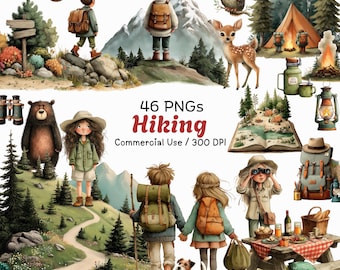 Watercolor Hiking Clipart: Whimsical Outdoor Graphics (46 PNGs Digital Download)